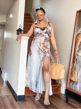 Satin Marble-Print Maxi Dress with High Slit, S-M